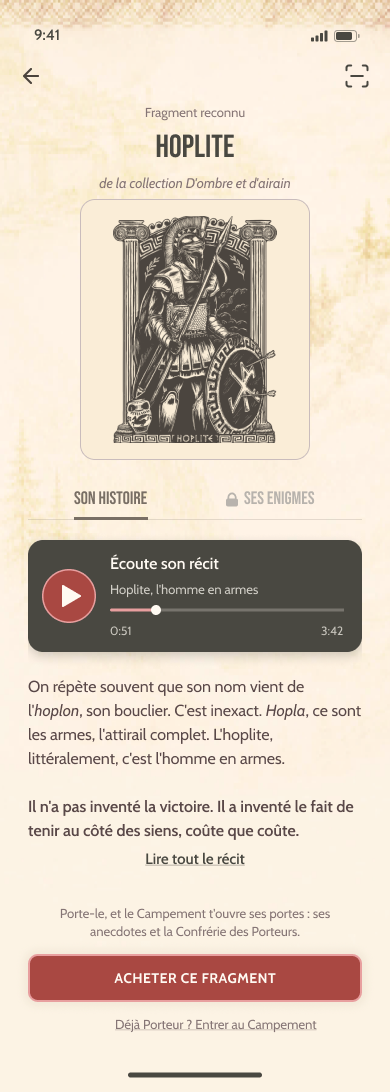 Le récit du Fragment Hoplite dans l'appli Runes de Chêne