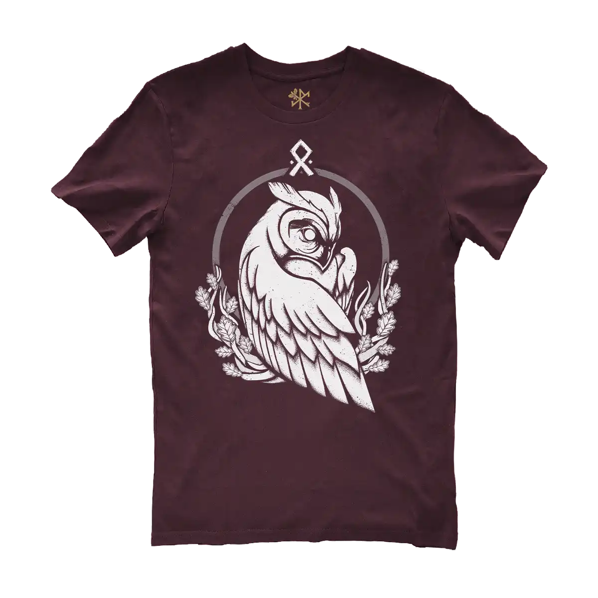 Dessin de l'esprit du Hibou en blanc sur un t-shirt prune de la marque Runes De Chêne imprimé en France sur un textile d'agriculture éco-responsable en 100% coton brossér