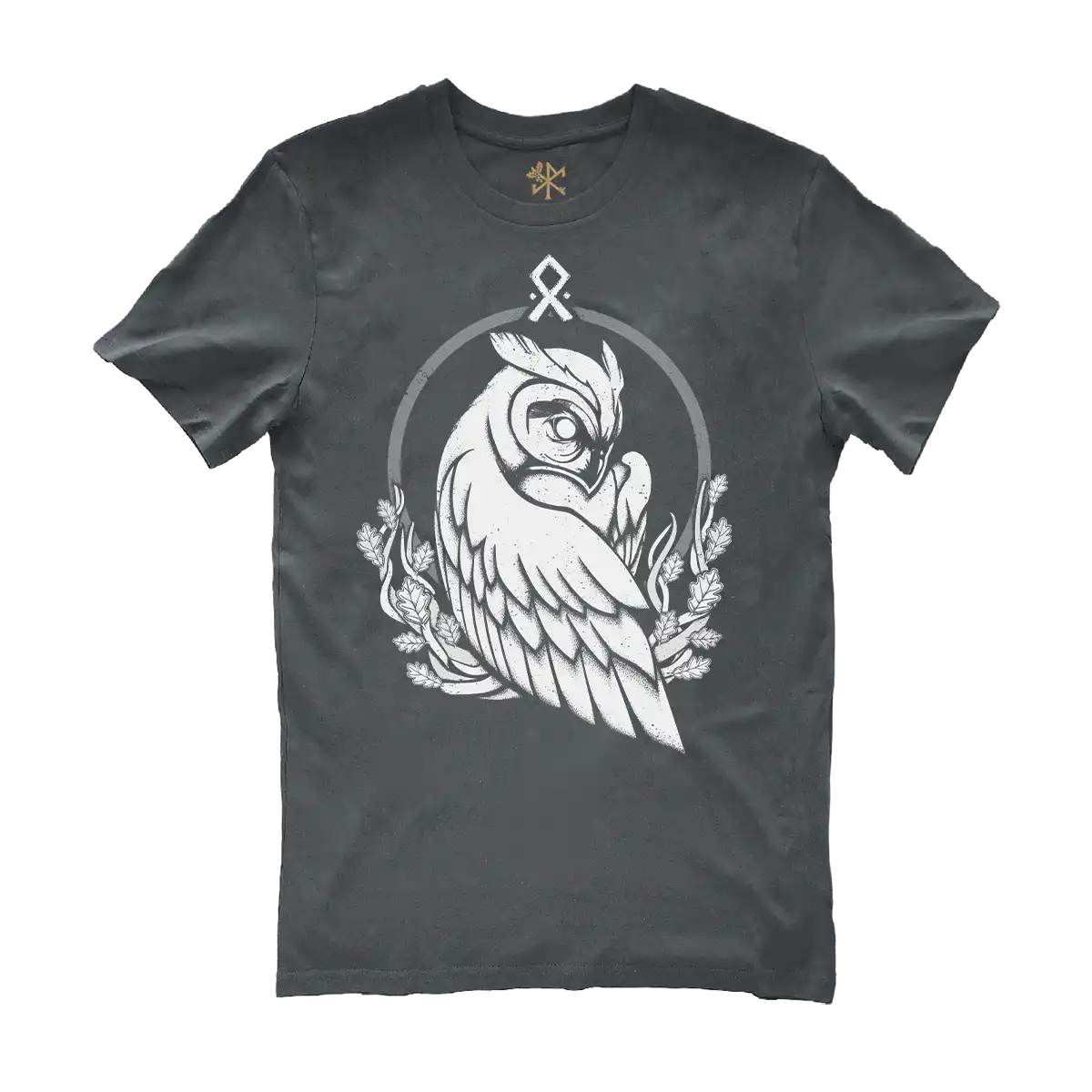 Drawing of the Owl spirit in white on an anthracite t-shirt by Runes De Chêne printed in France on 100% brushed cotton from eco-responsible agriculture.