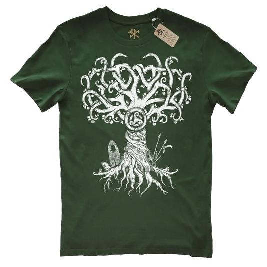 Avalon apple tree design in white on a forest green t-shirt by Runes De Chêne printed in France on 100% brushed cotton, eco-responsible agriculture fabric.