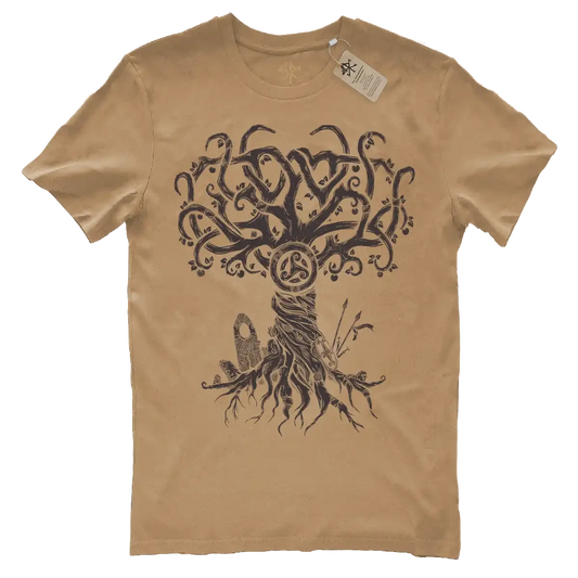 Avalon apple tree design in black on a burgundy t-shirt by Runes De Chêne printed in France on 100% brushed cotton from eco-responsible farmers.