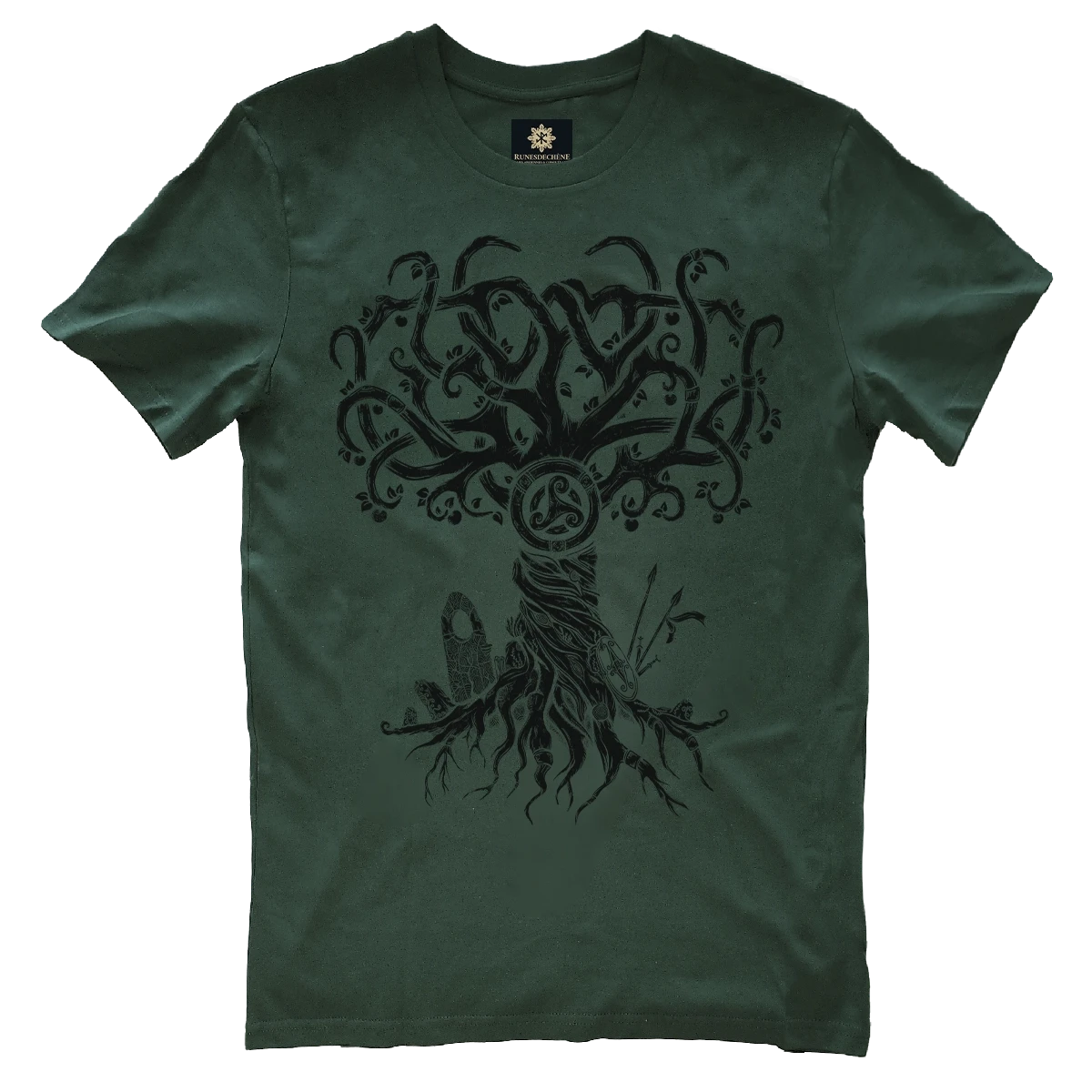 Avalon apple tree design in black on a forest-green t-shirt by Runes De Chêne printed in France on 100% brushed cotton from eco-responsible farmers.