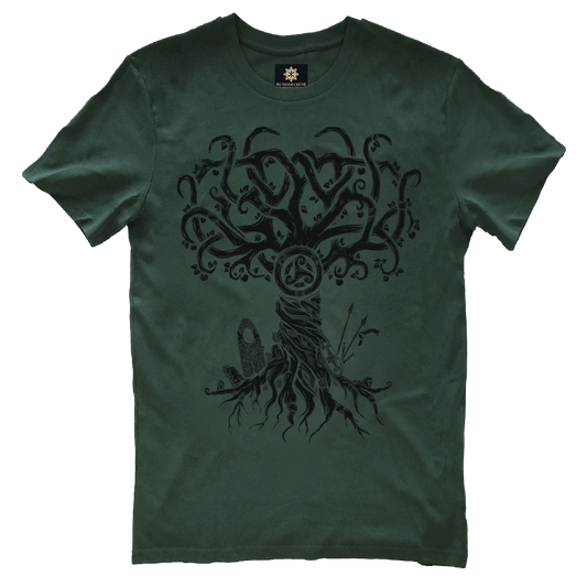 Avalon apple tree design in black on a forest-green t-shirt by Runes De Chêne printed in France on 100% brushed cotton from eco-responsible farmers.