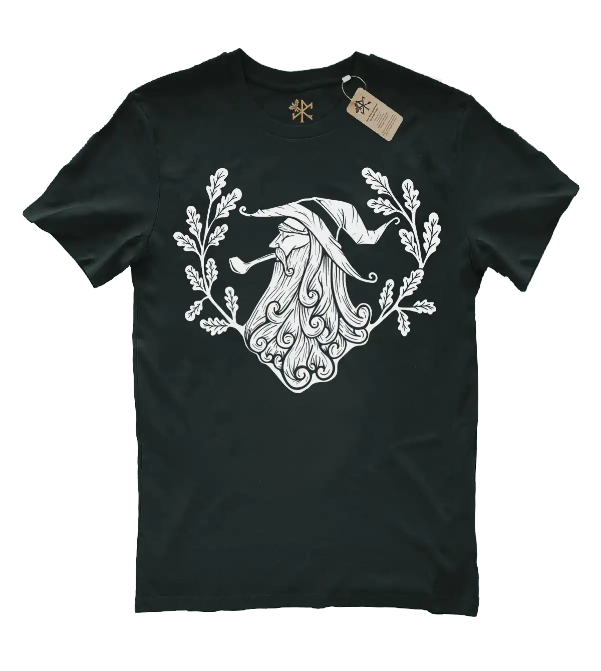 Un t-shirt mythologie nordique Odin Merlin avec la Rune du voyageur et des branches de pin. T-shirt de la marque Runes de Chêne.  T-shirt dieu nordique, t-shirt viking biologique
