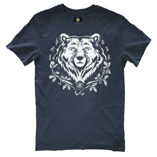 Spirit drawing of the bear in white on a navy blue t-shirt by Runes De Chêne printed in France on 100% brushed cotton from eco-responsible agriculture.