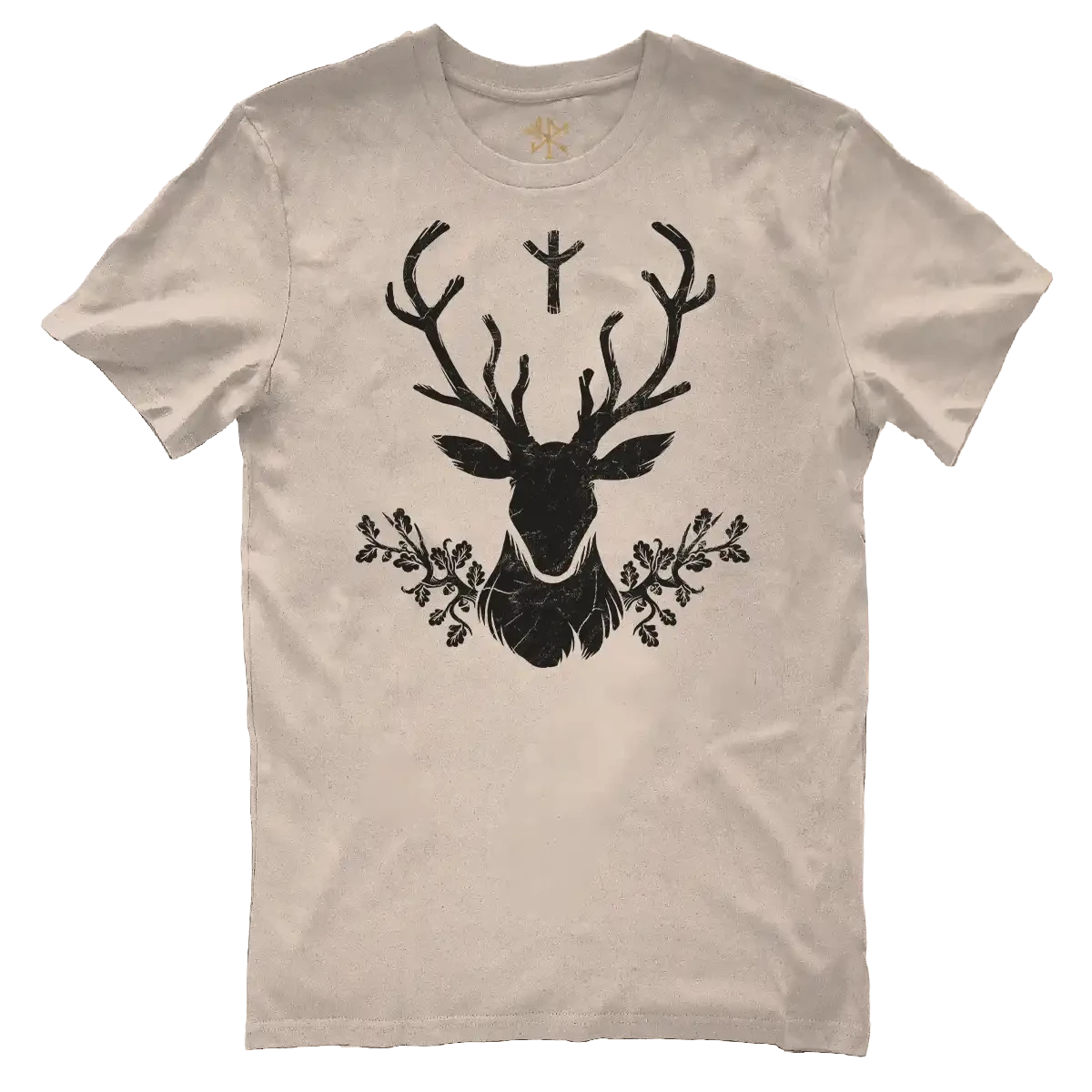 Dessin de l'esprit du cerf en noir sur un t-shirt desert de la marque Runes De Chêne imprimé en France sur un textile d'agriculture éco-responsable en 100% coton brossé