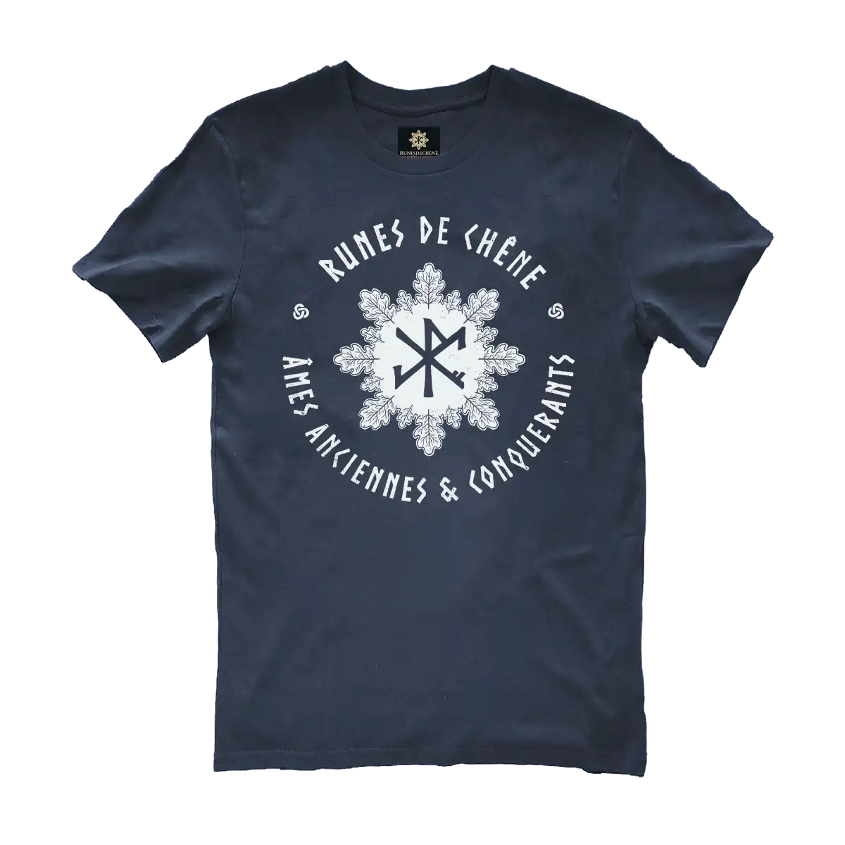 Oak wreath design in white on a navy blue t-shirt by Runes De Chêne printed in France on 100% brushed cotton, eco-responsible farming fabric.