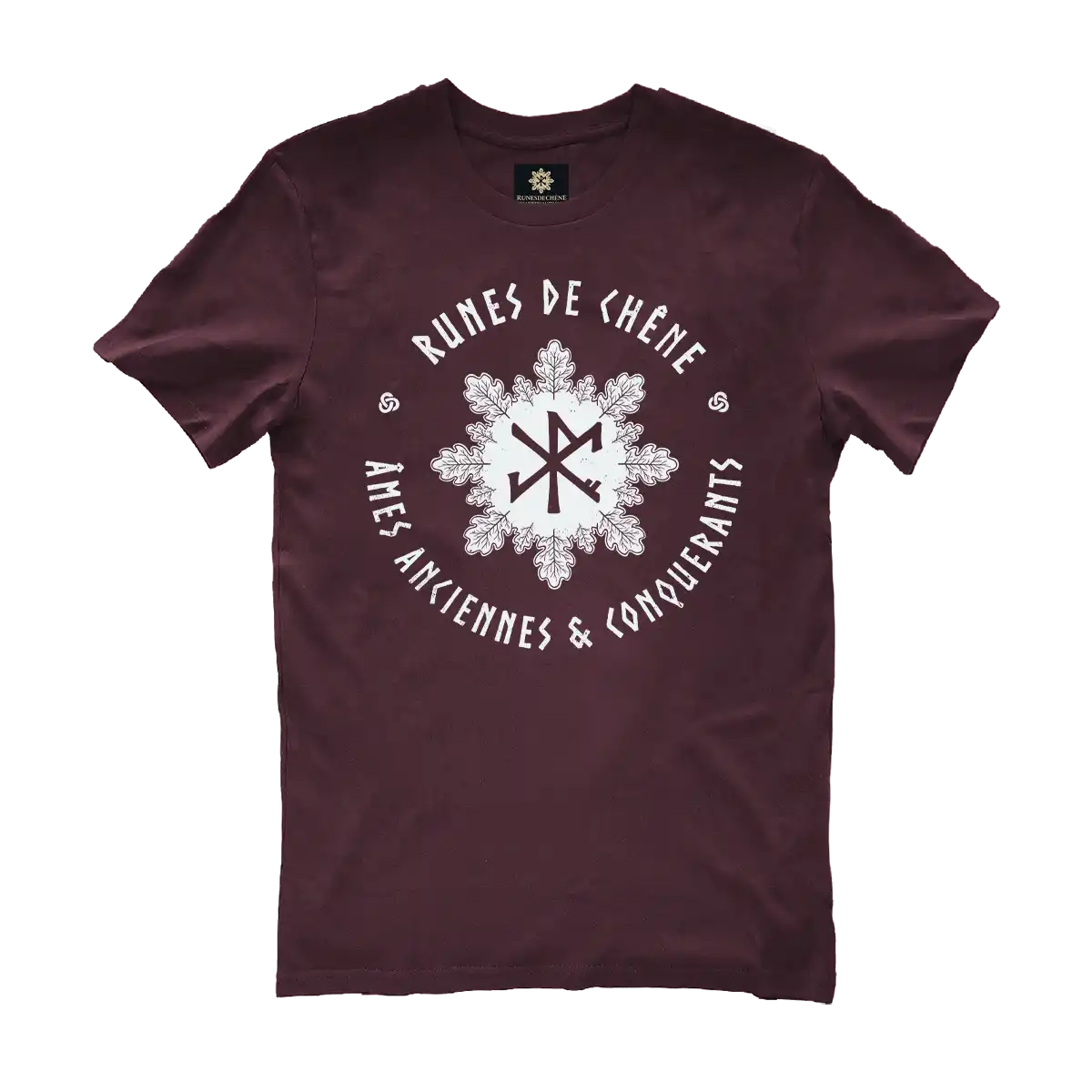 Oak wreath design in white on a plum-colored t-shirt by Runes De Chêne printed in France on 100% brushed cotton from eco-responsible agriculture.