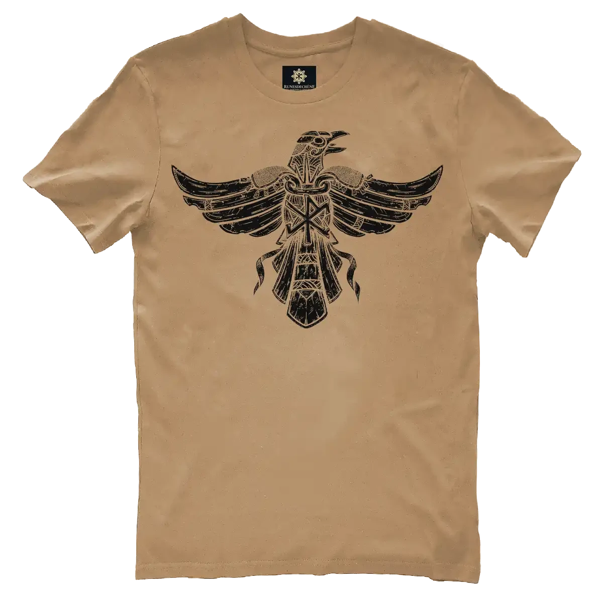 Dessin HUGINN en imprimé noir sur un t-shirt latte de la marque Runes De Chêne imprimé en France sur un textile d'agriculture éco-responsable en 100% coton brossé