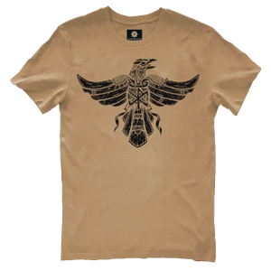 HUGINN design in black print on a latte t-shirt by Runes De Chêne printed in France on 100% brushed cotton from eco-responsible agriculture.