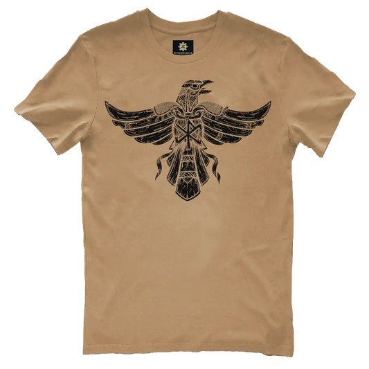 Dessin HUGINN en imprimé noir sur un t-shirt latte de la marque Runes De Chêne imprimé en France sur un textile d'agriculture éco-responsable en 100% coton brossé