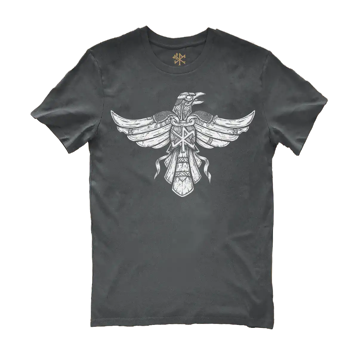 HUGINN design in white print on an anthracite t-shirt by Runes De Chêne printed in France on 100% brushed cotton from eco-responsible agriculture.