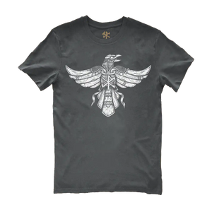 HUGINN design in white print on an anthracite t-shirt by Runes De Chêne printed in France on 100% brushed cotton from eco-responsible agriculture.