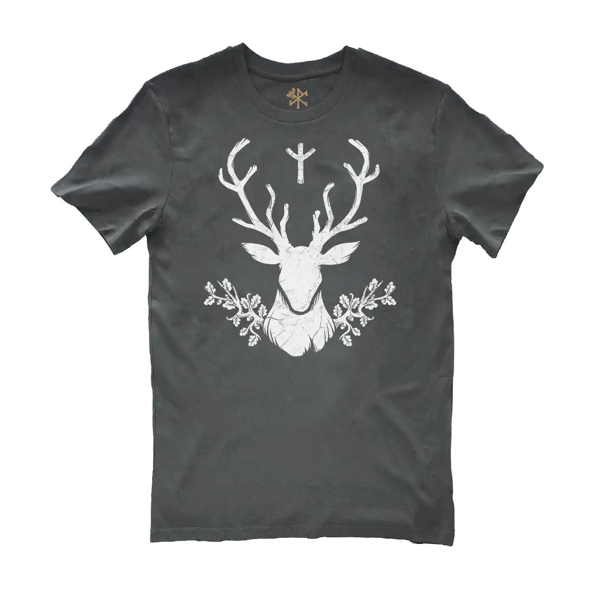 Drawing of the deer spirit in white on an anthracite t-shirt by Runes De Chêne printed in France on a 100% brushed cotton eco-responsible agriculture textile.