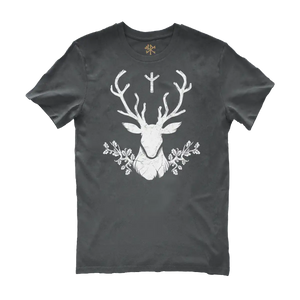 Drawing of the deer spirit in white on an anthracite t-shirt by Runes De Chêne printed in France on a 100% brushed cotton eco-responsible agriculture textile.