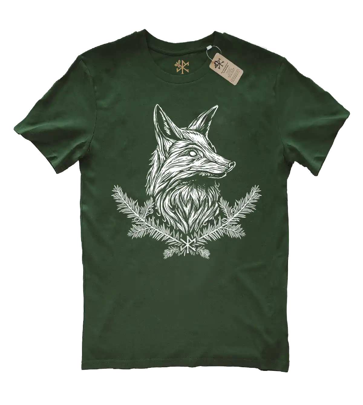 Un t-shirt de Renard avec la Rune du voyageur et des branches de pin. T-shirt de la marque Runes de Chêne. 