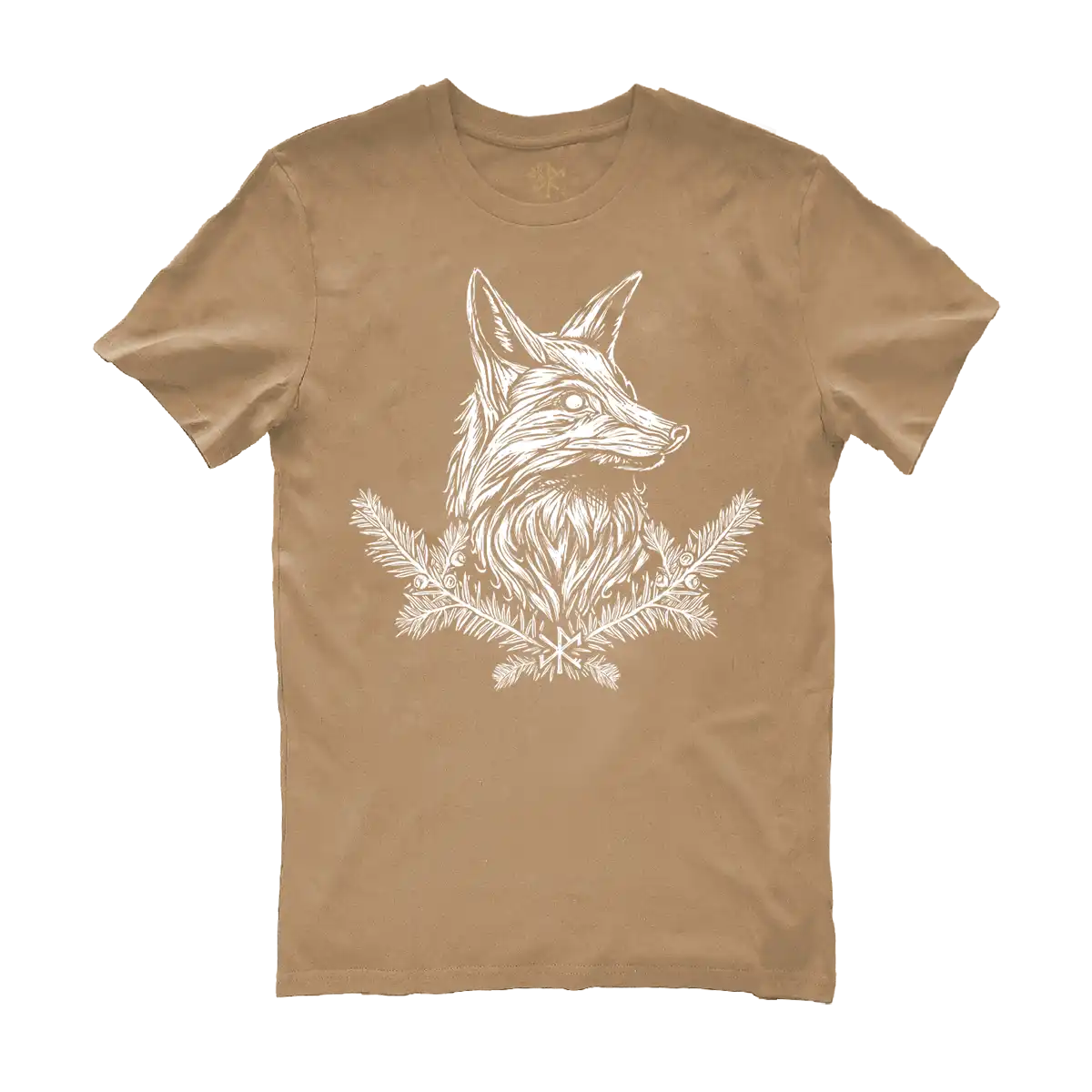 Drawing of a fox in white on a latte t-shirt by Runes De Chêne printed in France on a 100% brushed cotton eco-responsible agriculture textile.