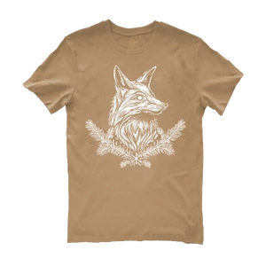 Drawing of a fox in white on a latte t-shirt by Runes De Chêne printed in France on a 100% brushed cotton eco-responsible agriculture textile.