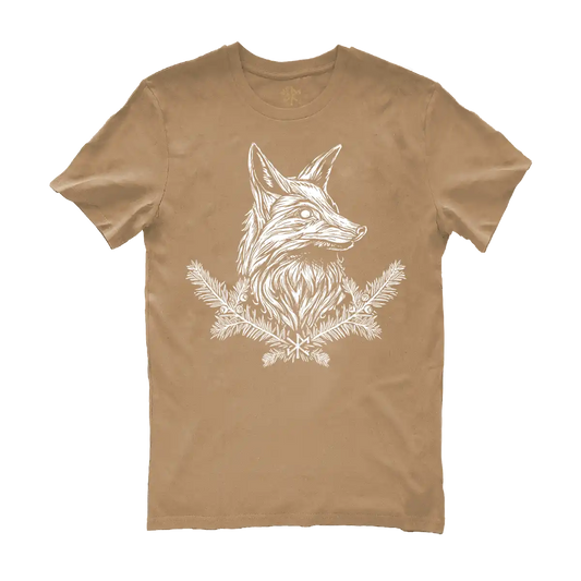 Drawing of a fox in white on a latte t-shirt by Runes De Chêne printed in France on a 100% brushed cotton eco-responsible agriculture textile.